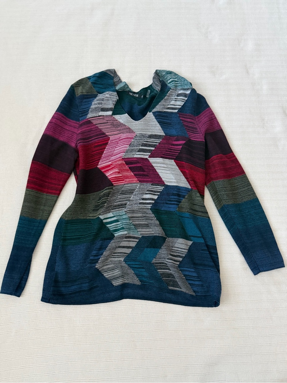 NIC+ZOE Block Party Chevron V-Neck Knit Sweater Multicolor PM Petite Medium